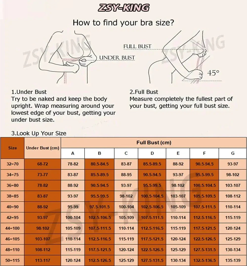 Wire-free bra size guide by Simples Market showing under-bust and full-bust cm measurements and A-G cup chart.
