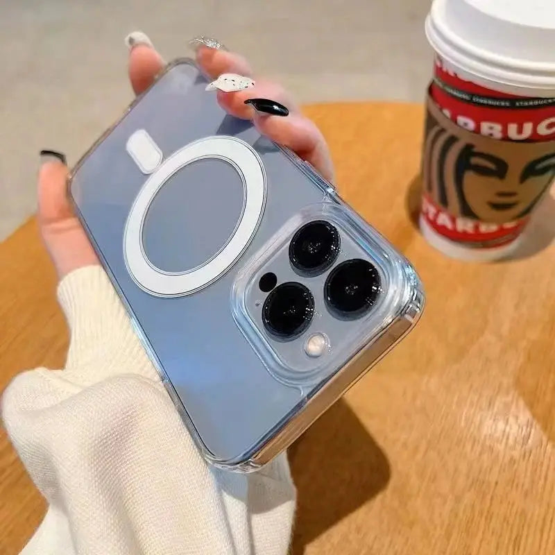 Clear MagSafe iPhone case with circular back ring for iPhone 11–16 series