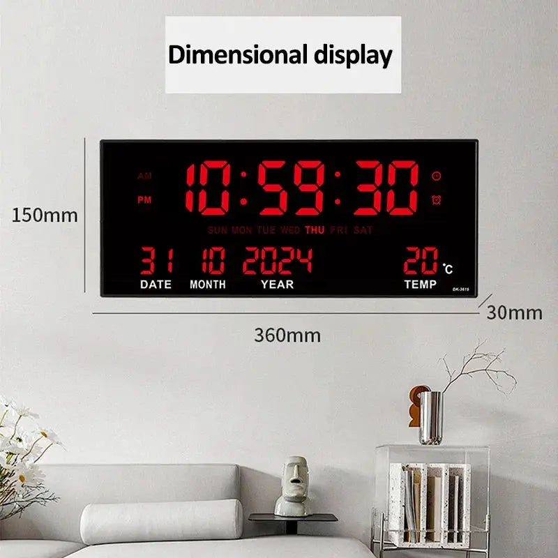 Simples Market digital large wall clock with red LED display, time/date/temperature, 8 alarms, 360x150mm plug-in
