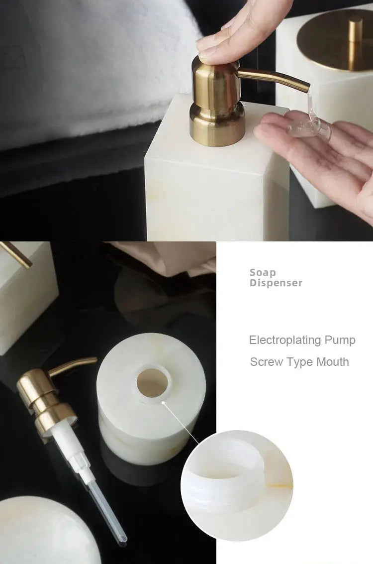 White onyx marble bathroom accessories set (3 pieces) with gold soap dispenser, tissue box, and vanity tray