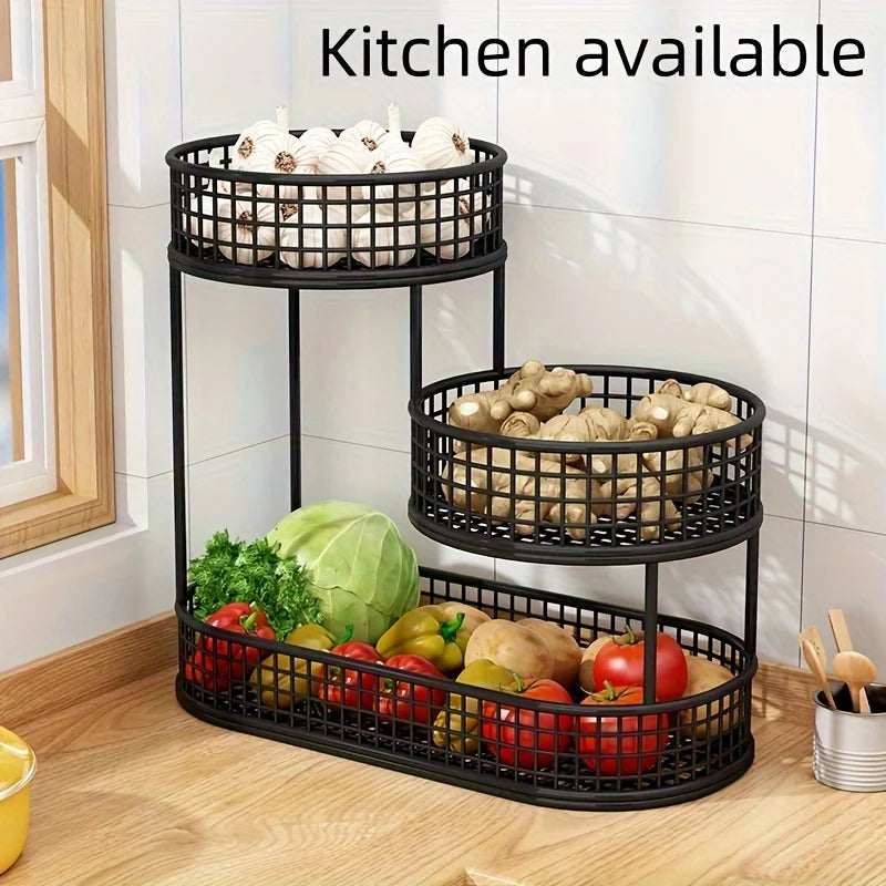 Stainless Steel Round Multi Layer Fruit Basket Display Rack Kitchen