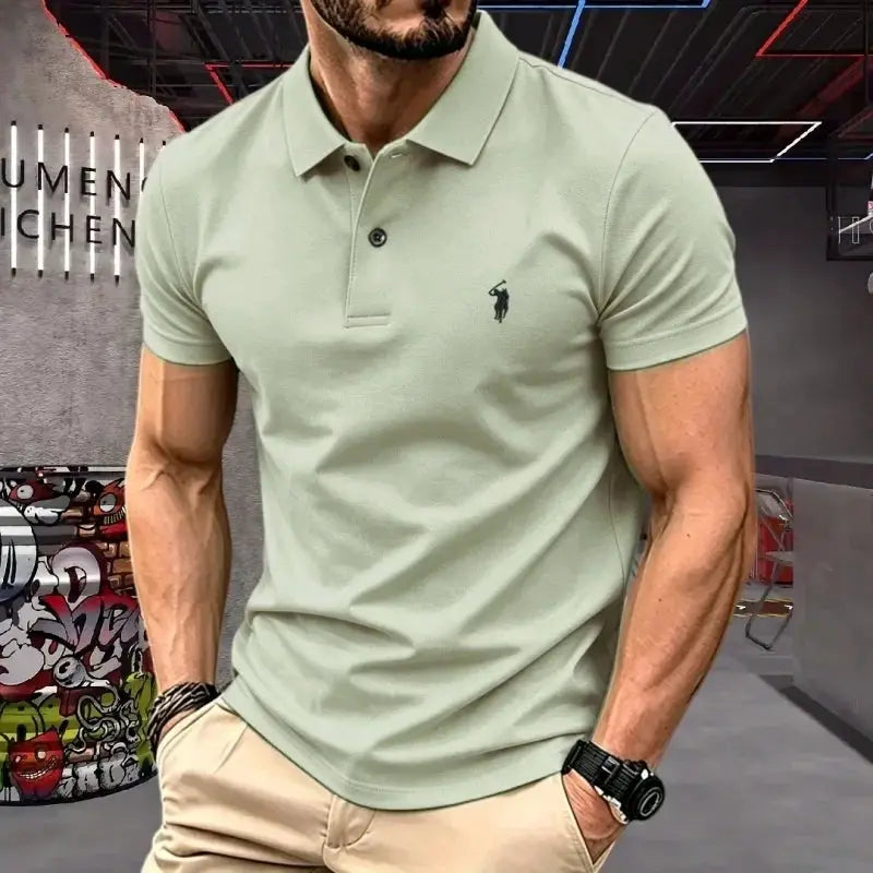 Men's short-sleeve polo shirt, light green cotton with pony embroidery logo, Simples Market