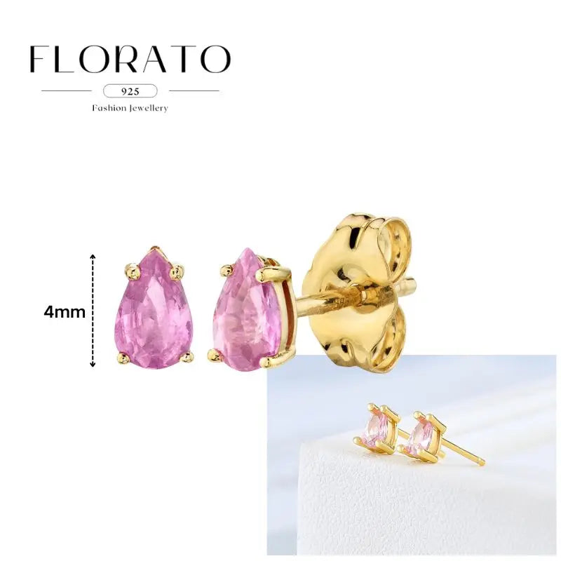 Florato 925 sterling silver pink zircon teardrop stud earrings, gold-tone setting, 4mm