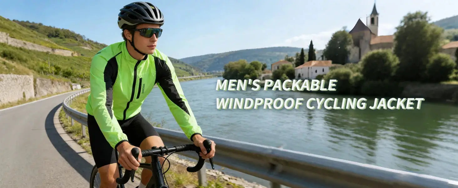 Men's WOSAWE windproof, water-repellent, reflective cycling jacket in neon green with black panels by Simples Market