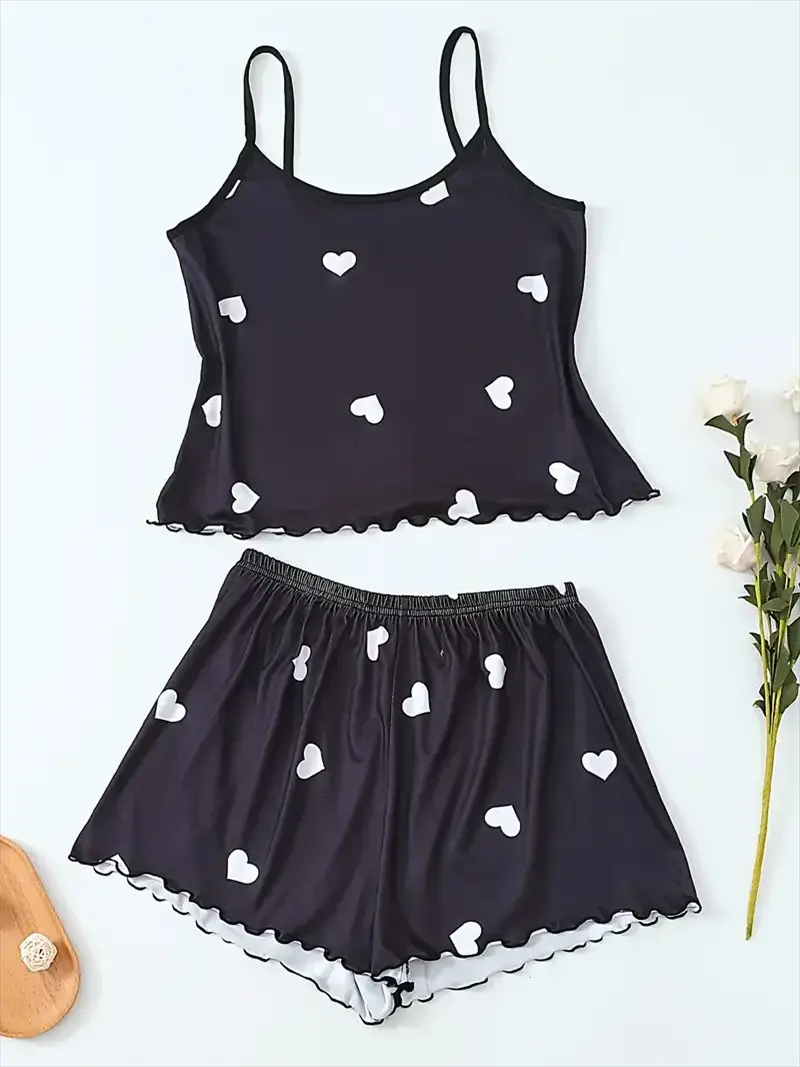 DreamWear Women Two Piece Suspender Pajama Set Heart Print Top and Shorts for Casual Summer Comfort