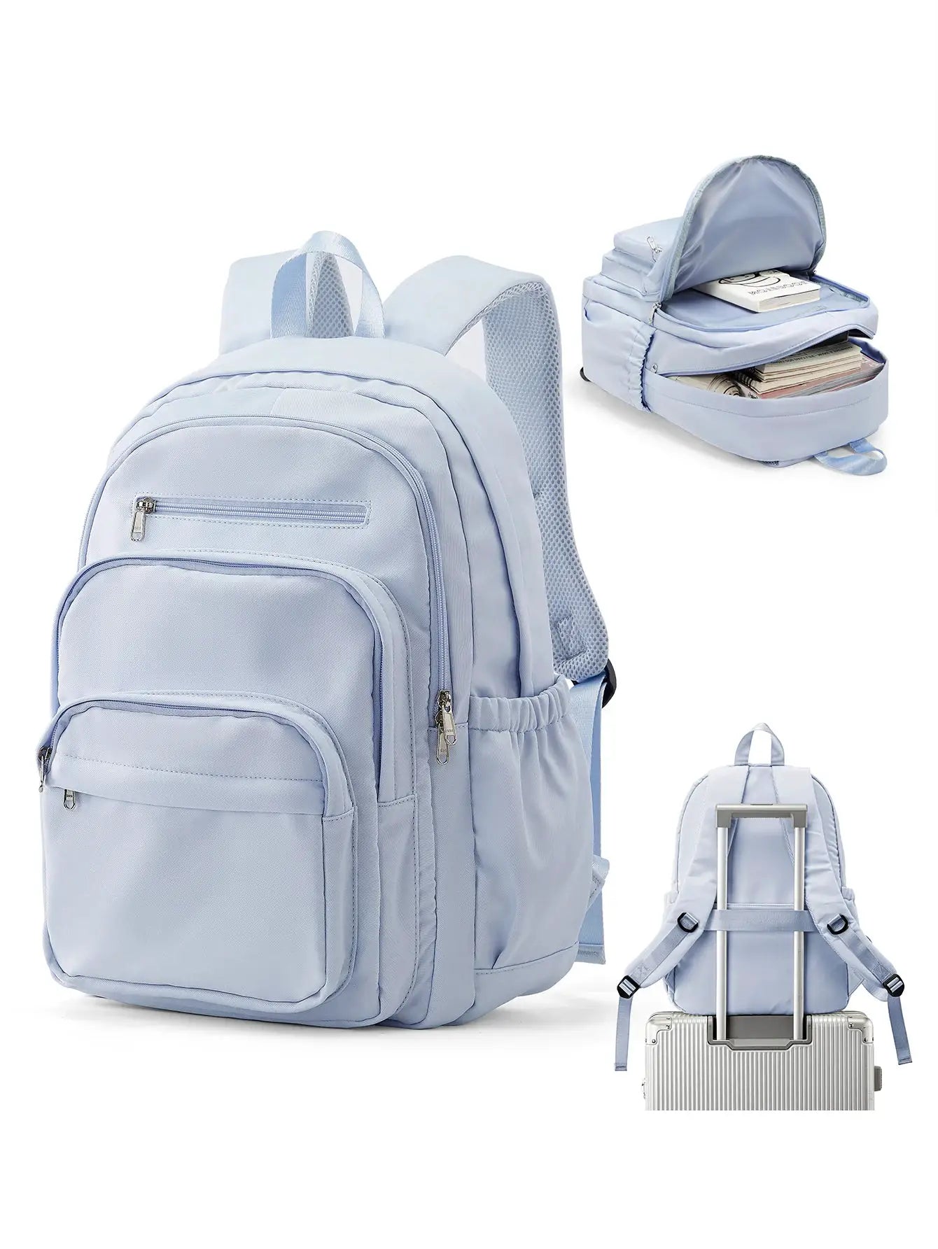 Backpack for girls light blue Simples Market travel school bag with multipocket compartments