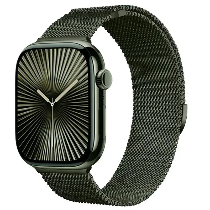 Metal Milanese watch strap for Apple Watch with magnetic closure; gunmetal mesh fits 40–49mm cases