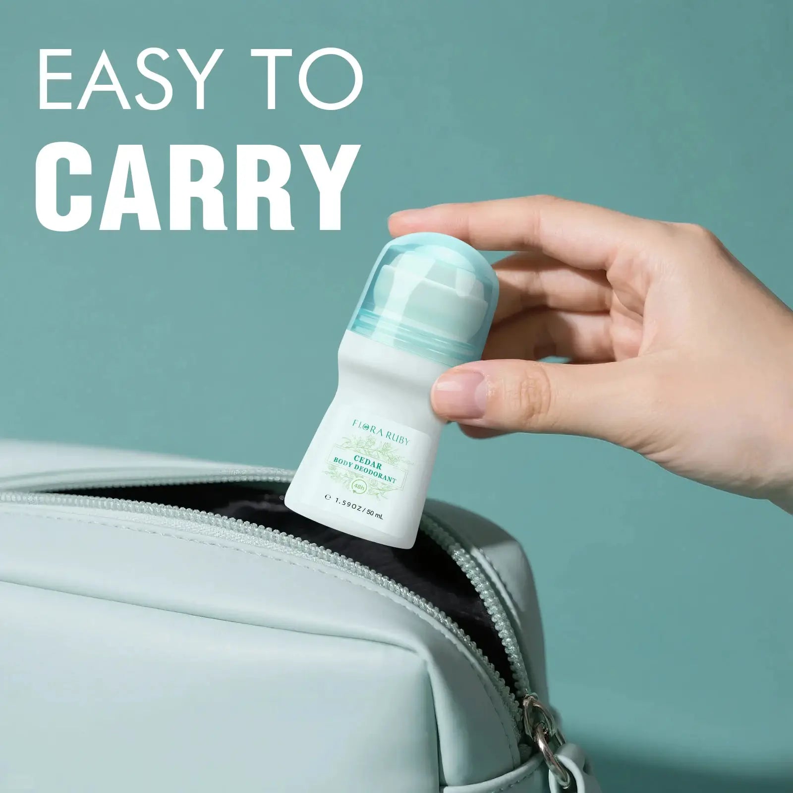 Flora Ruby Cedar Body Deodorant Roll-On aluminum-free with light-green cap, held in hand