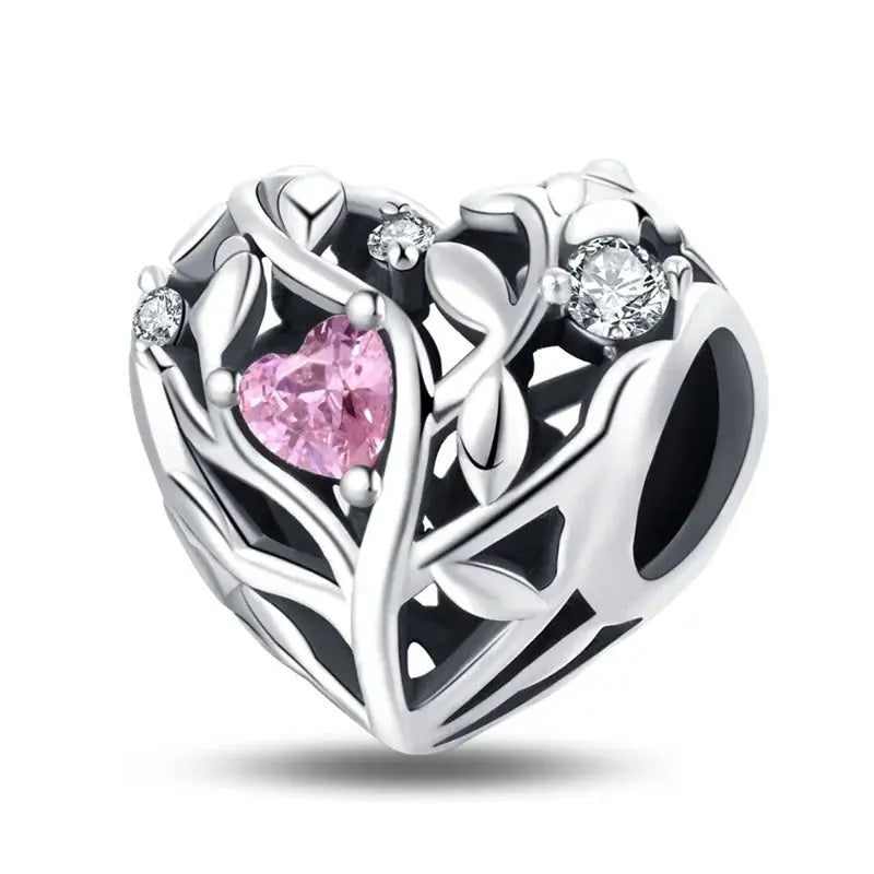 Silver guardian angel heart charm bead with pink zircon and clear accents for Qikaola 925 bracelets Simples Market