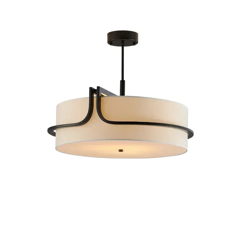 Modern Fabric Art Ceiling Chandelier by Simples Market with cream drum shade and black metal accents