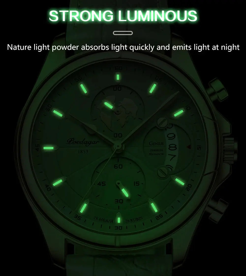 Men's sport chronograph watch with black dial, luminous green markers, date window, leather strap, waterproof