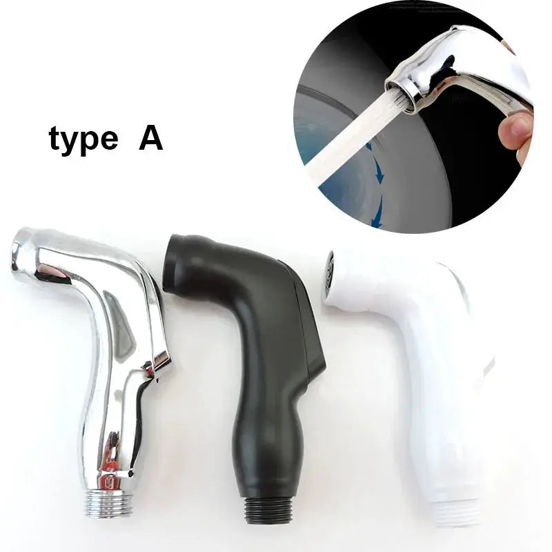 Handheld bidet sprayer heads set in chrome, black, and white finishes