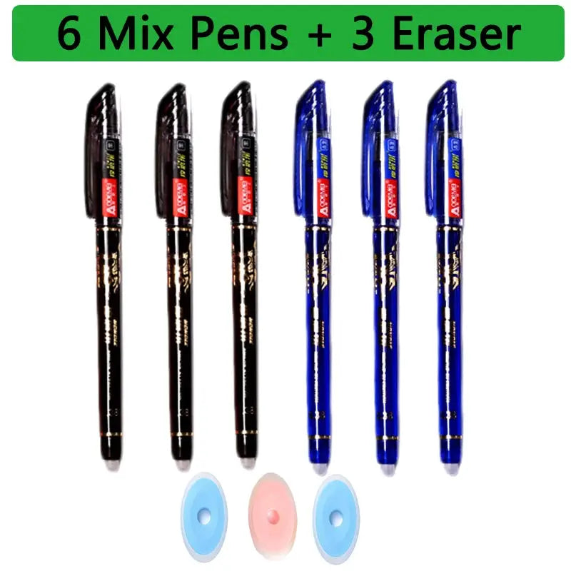 Six mix gel pens (black and blue) with three erasers for school use