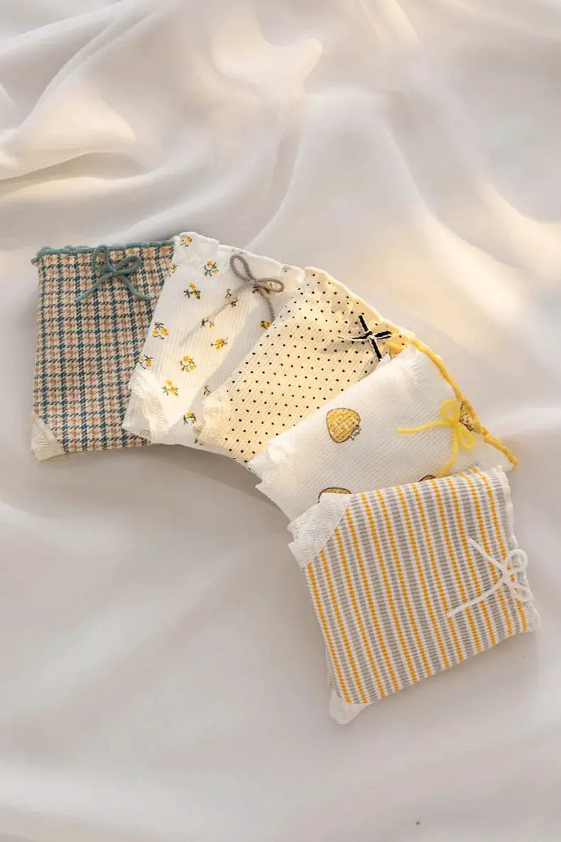 Women's cotton underwear: 5 pairs in assorted prints, mid waist briefs, plaid, floral, dots, lemon, stripes