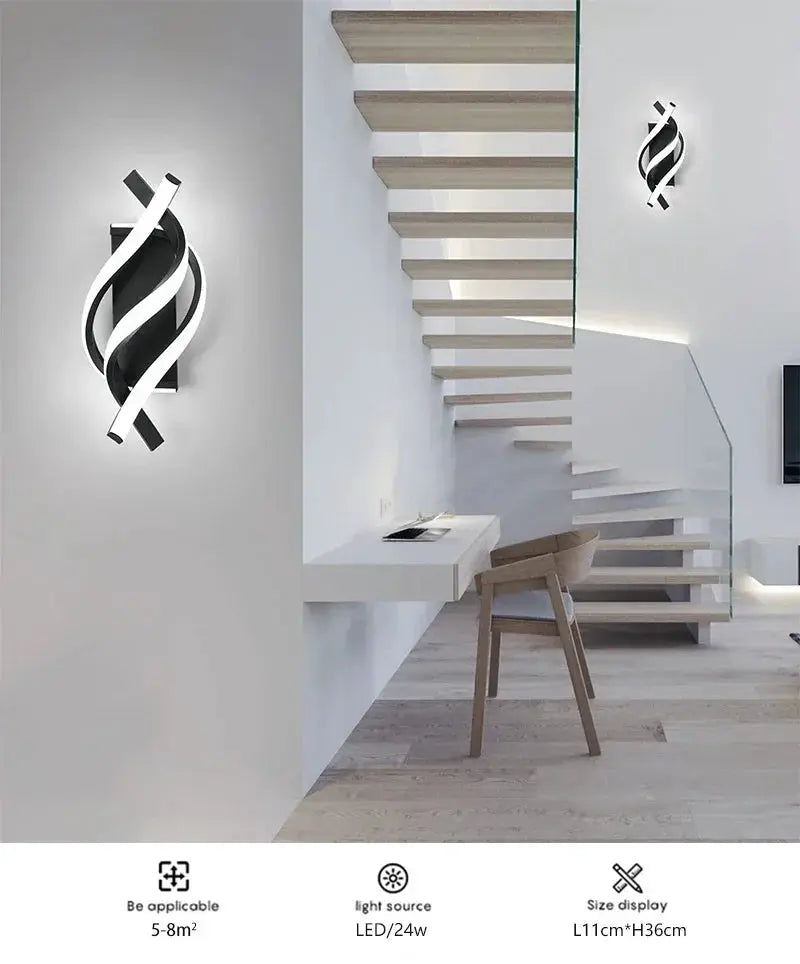 Curved spiral LED wall lamp pair by Simples Market; black and white, wall-mounted modern decor