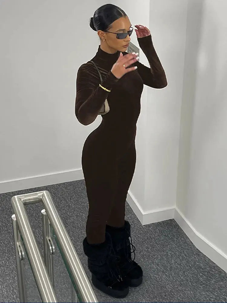 Dulzura autumn velvet long-sleeve bodycon jumpsuit in dark brown