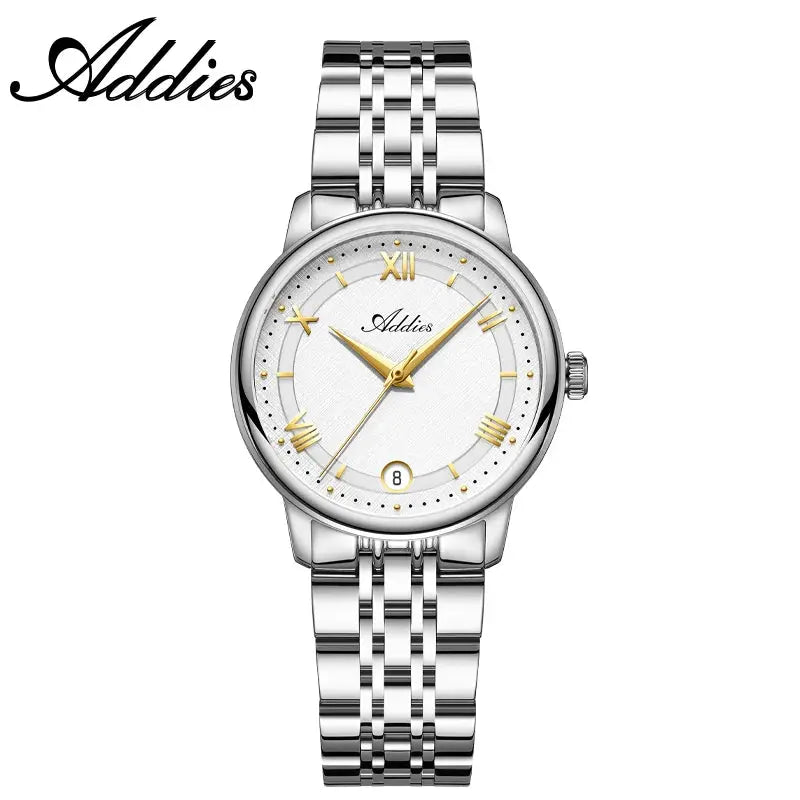 Addies luxury women's wristwatch GM12 in 316L stainless steel with sapphire glass, gold-tone hands, date window, 31mm dial