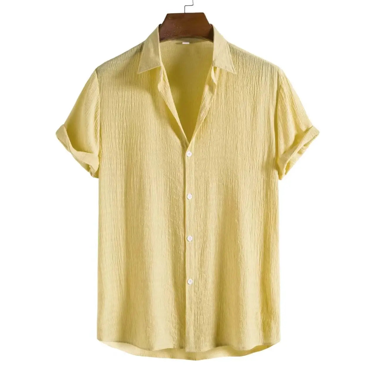 100% cotton linen shirt for men by Simples Market, short sleeves, yellow lightweight casual top
