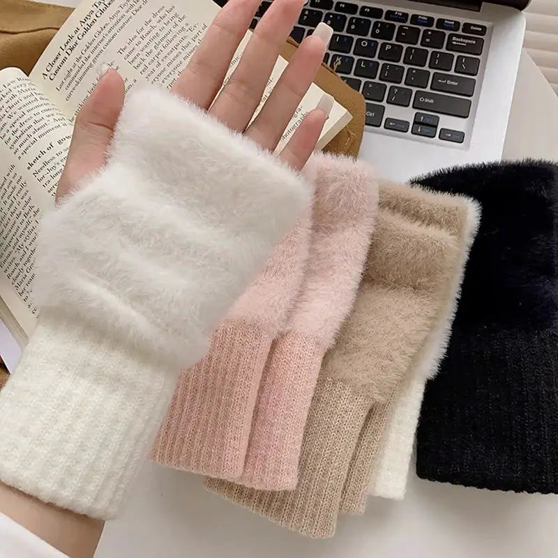 Autumn Winter Soft Mink Fleece Half Finger Gloves for Women Plush Fingerless Wrist Mittens for Driving and Writing