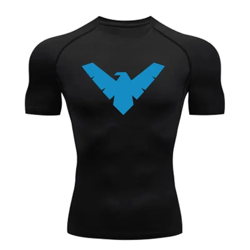 Simples Market men's black short-sleeve compression gym top with blue chest logo