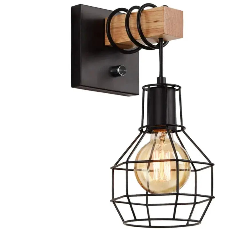 Wall sconce light with black metal cage and wooden base, Edison bulb