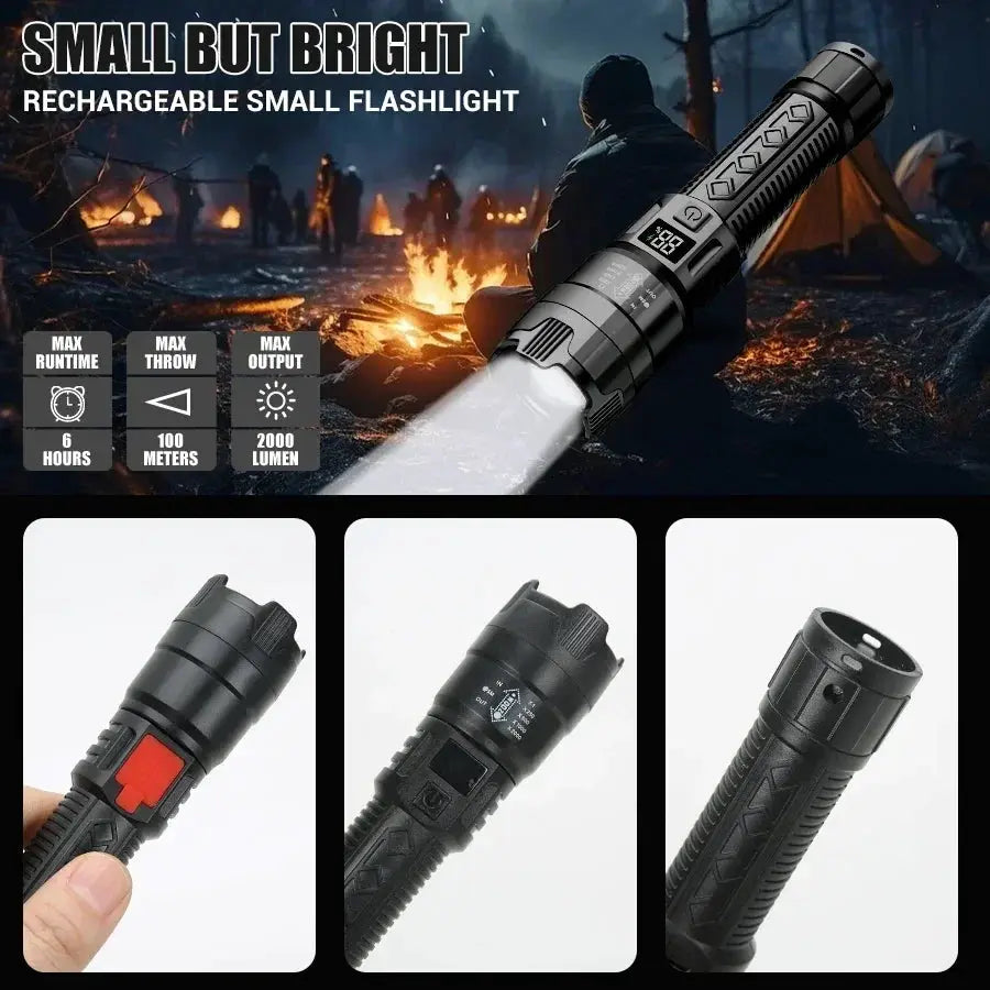 High Power LED Flashlight USB rechargeable 1000LM, zoomable outdoor torch for camping and emergency use, waterproof.