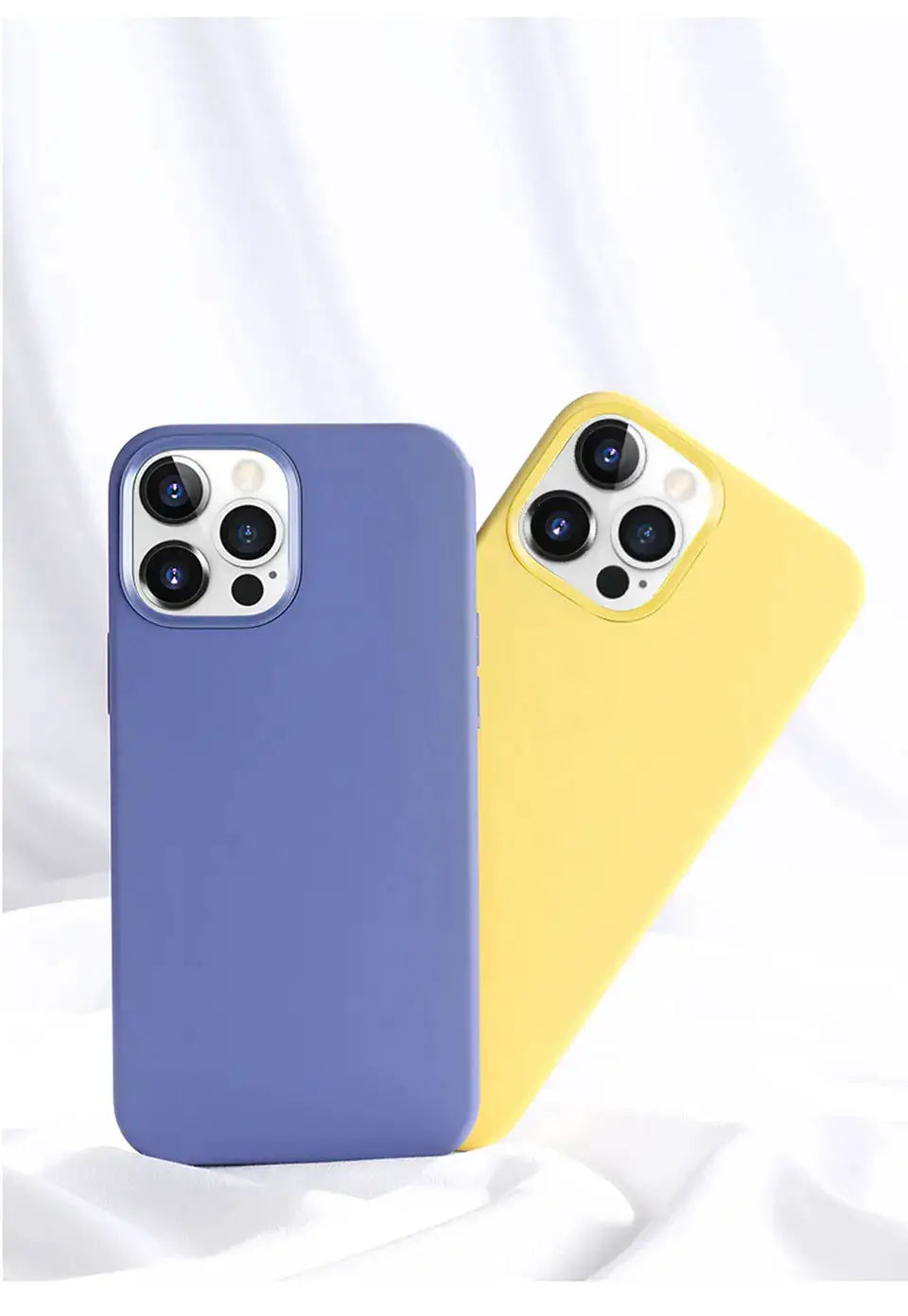 Two liquid silicone phone cases for Apple iPhone models, purple and yellow, shockproof back covers