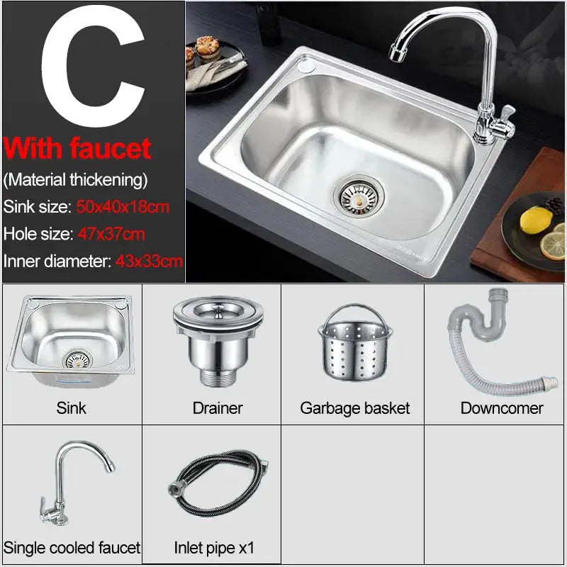 Stainless steel single-slot wall-hanging sink with faucet; 50x40x18 cm; includes drain and inlet pipe.