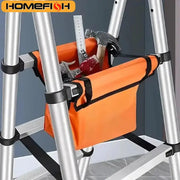 Folding ladder tool storage bag in orange Oxford cloth, attached to an aluminum ladder; Homefish logo visible