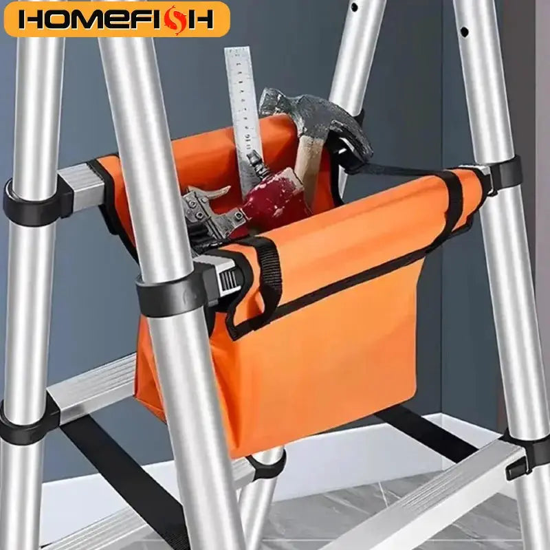 Folding ladder tool storage bag in orange Oxford cloth, attached to an aluminum ladder; Homefish logo visible