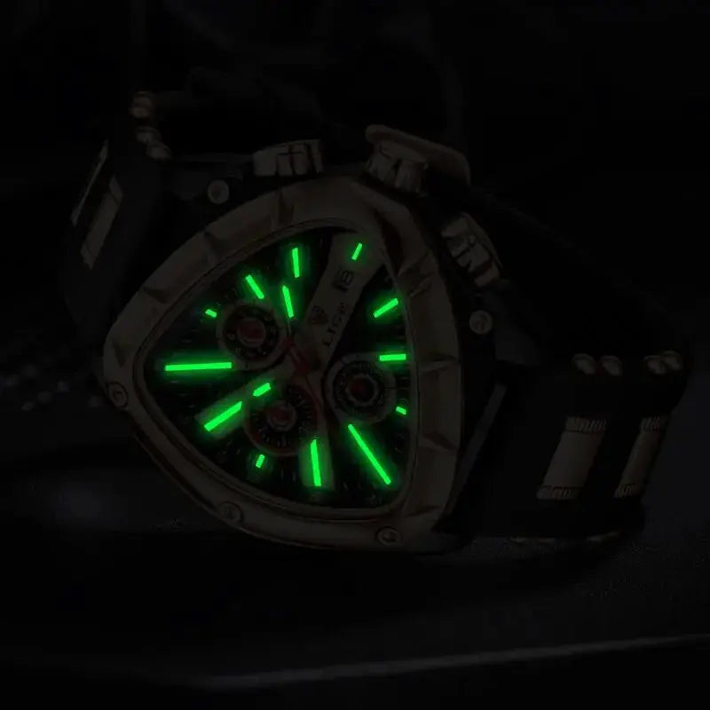 LIGE men's luxury watch with large dial, green luminous markers, steel case, black strap