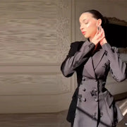 Beaded blazer and pants set in gray by Simples Market; lapel blazer with embroidery, tailored two-piece suit.
