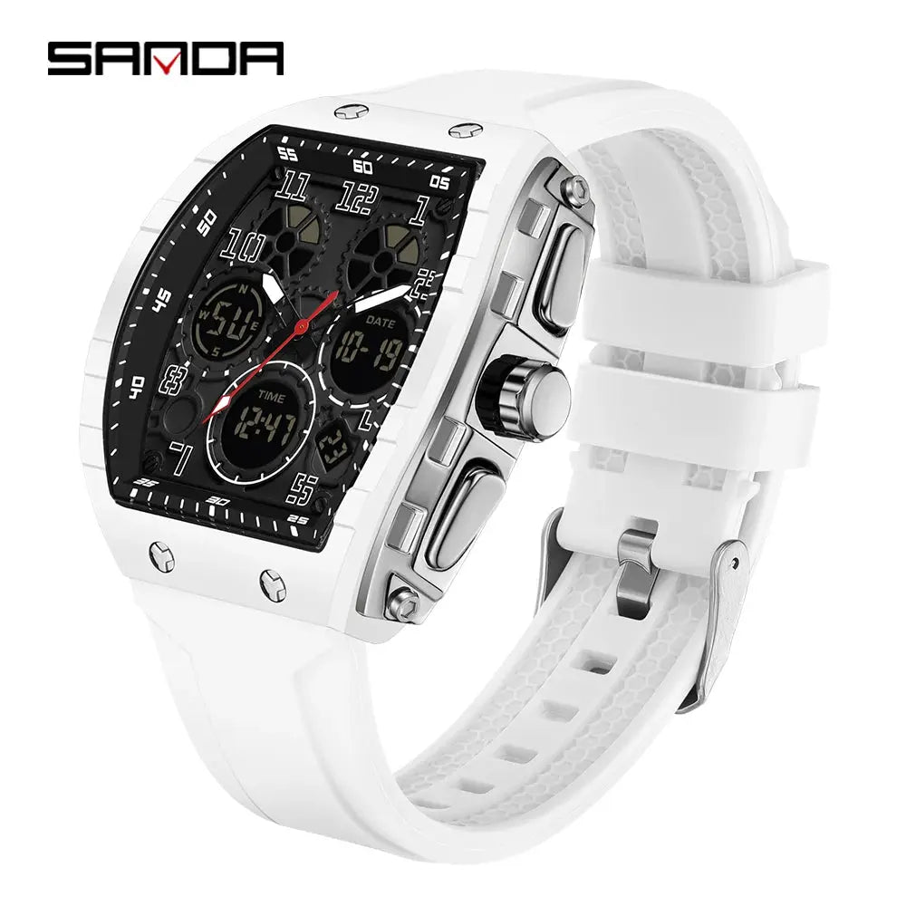 SANDA Tonneau Dial Digital Watch for Men Military Sport Dual Time Analog Digital LED Waterproof Wrist Clock