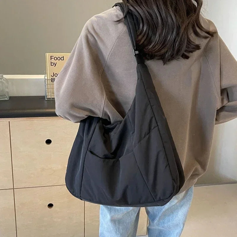 Black soft-cloth shoulder bag, large hobo crossbody for women, solid color casual style