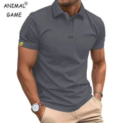Men's gray polo shirt, short sleeves, lightweight casual streetwear.