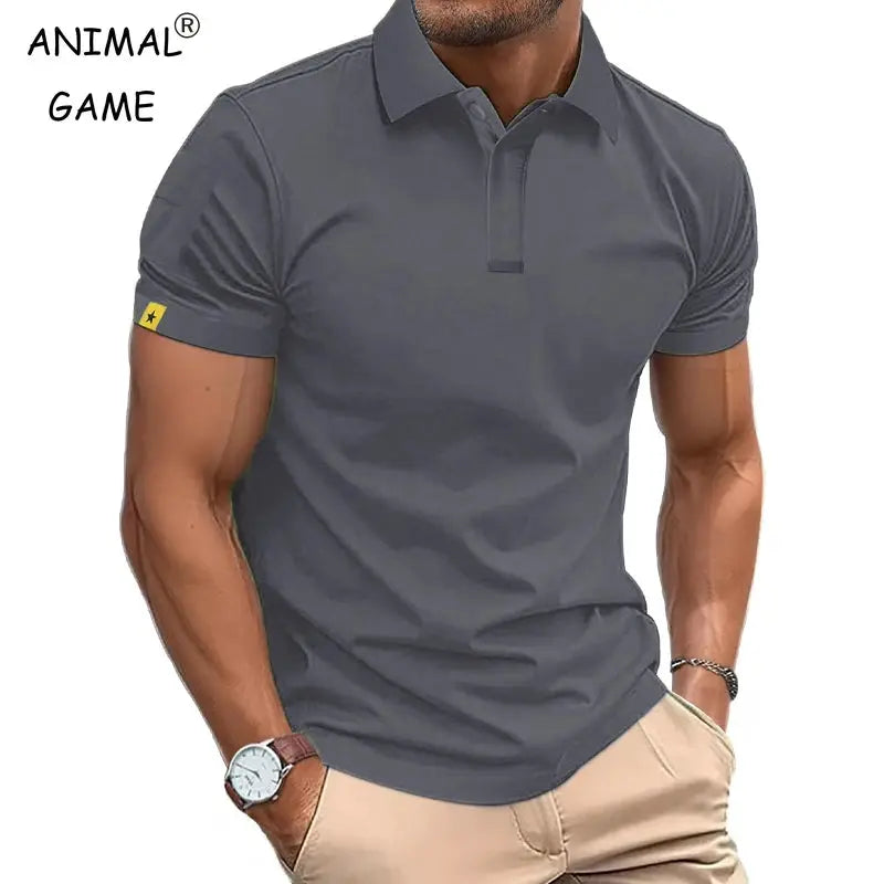 Men's gray polo shirt, short sleeves, lightweight casual streetwear.