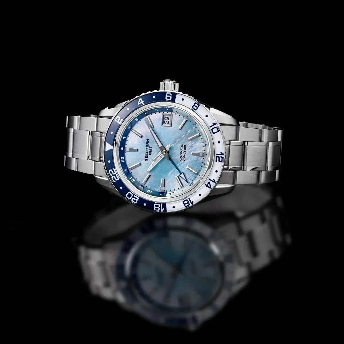 SEESTERN men's stainless steel GMT diver watch with blue bezel and light blue dial