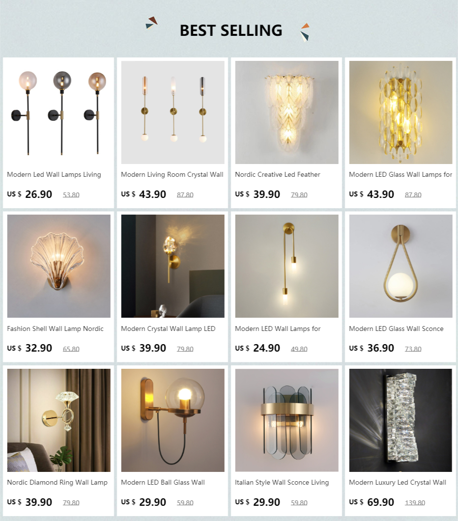 Modern copper wall sconce lamp catalog grid with 12 metal wall lights for living room, bedroom, and hallway