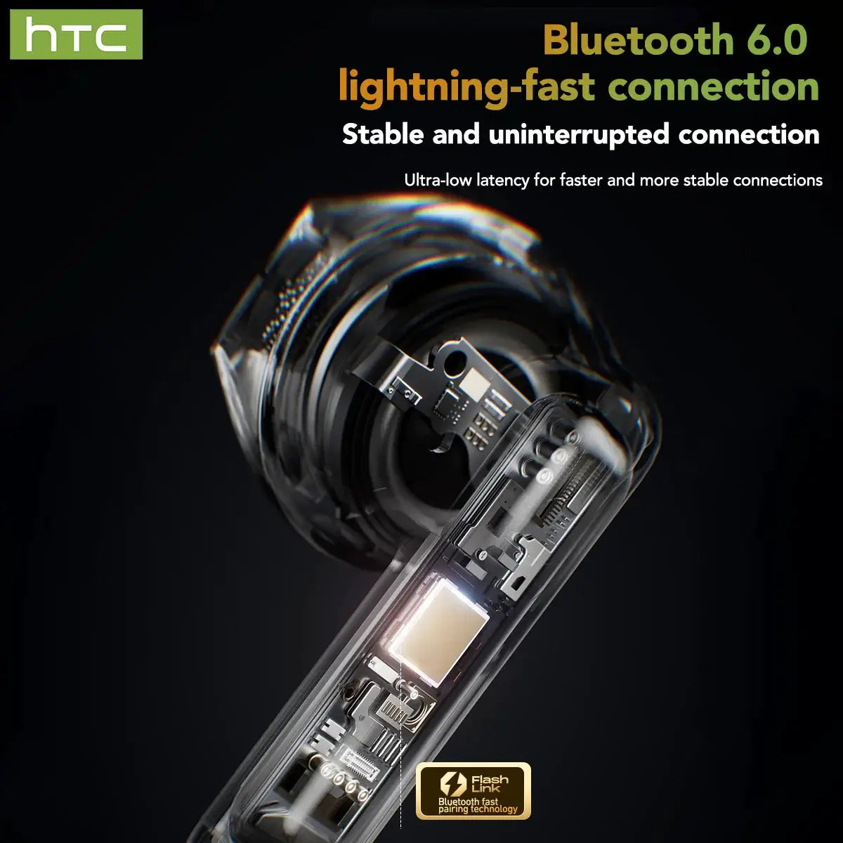 HTC NE48 TWS wireless earbuds; transparent internal circuitry view