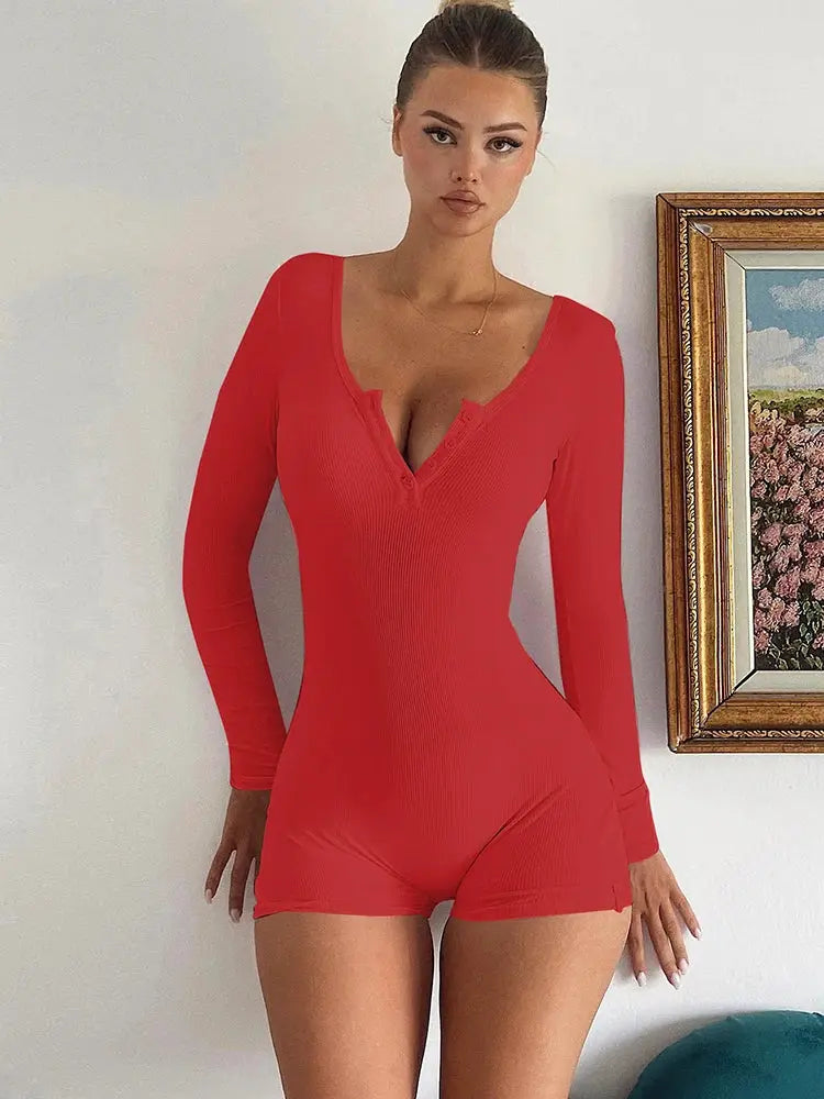 Hugcitar red ribbed long-sleeve bodycon playsuit with square collar and button front