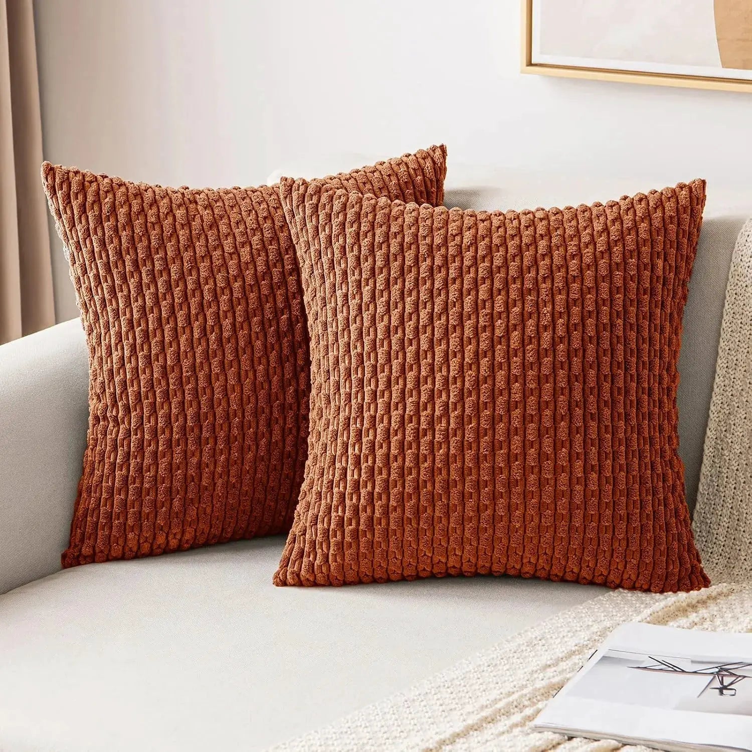 Two brown ribbed corduroy throw pillow covers, 20x20, farmhouse decor
