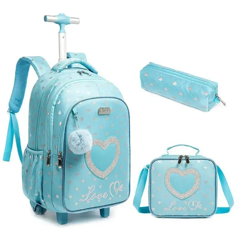 3-piece wheeled backpack set by Simples Market in turquoise with lunch box and pencil case, silver heart pattern.
