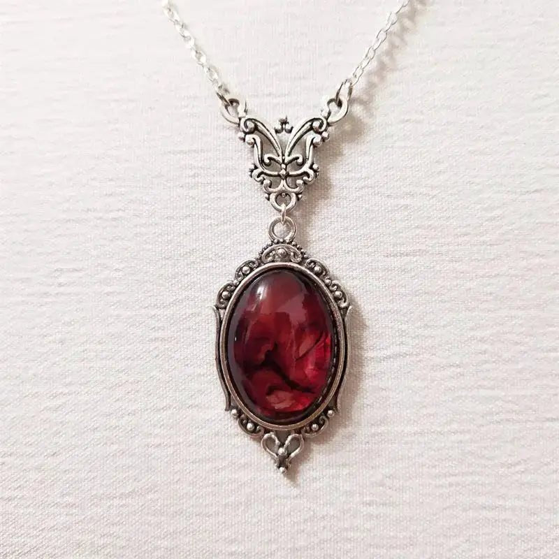 Gothic Blood Red Quartz Charm Necklace With Oval Pendant For Women Halloween Vampire Embossed Witch Jewelry Vintage Chokers - Simples Market