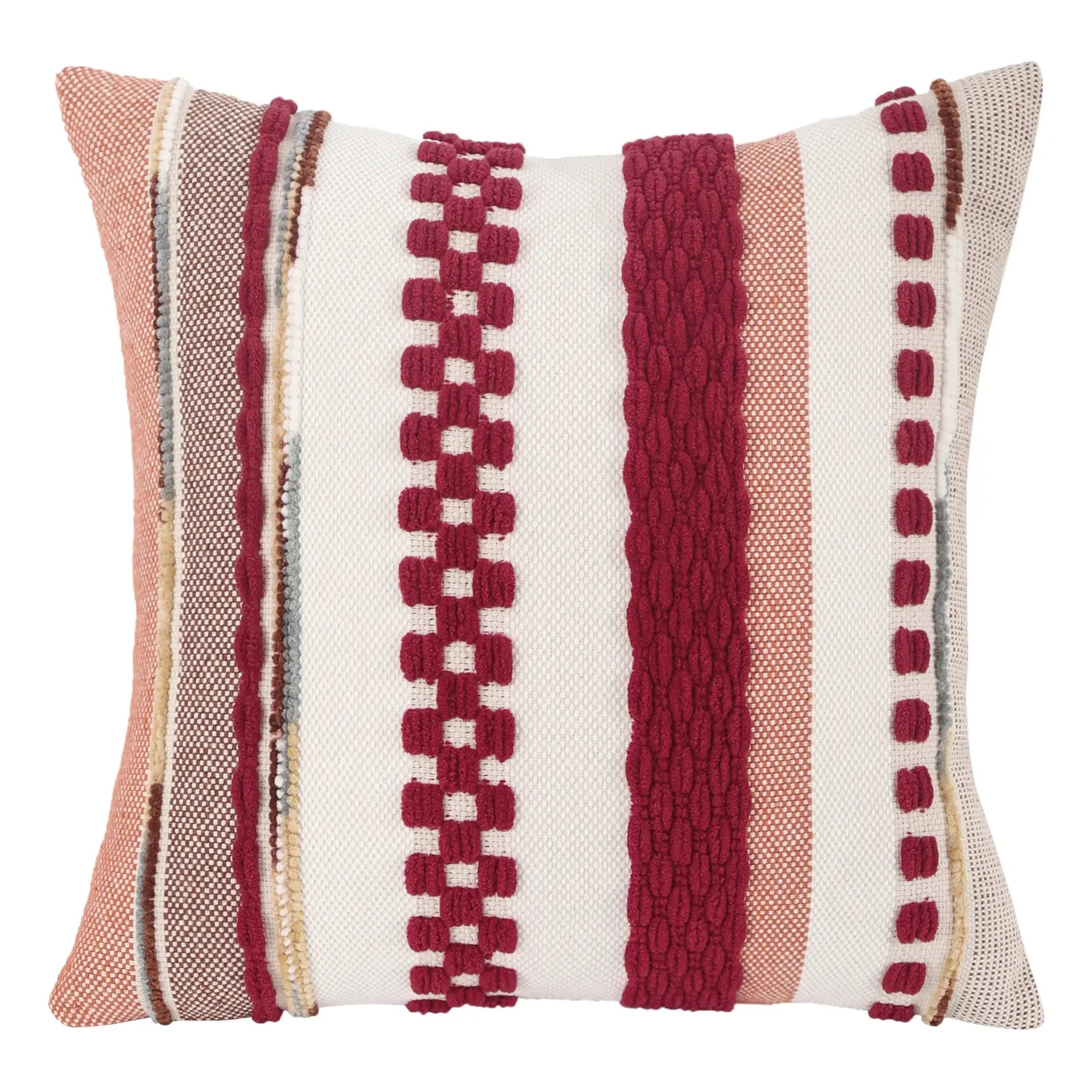 Simples Market Boho throw pillow cover 18x18 with striped chenille texture in cream, beige and maroon