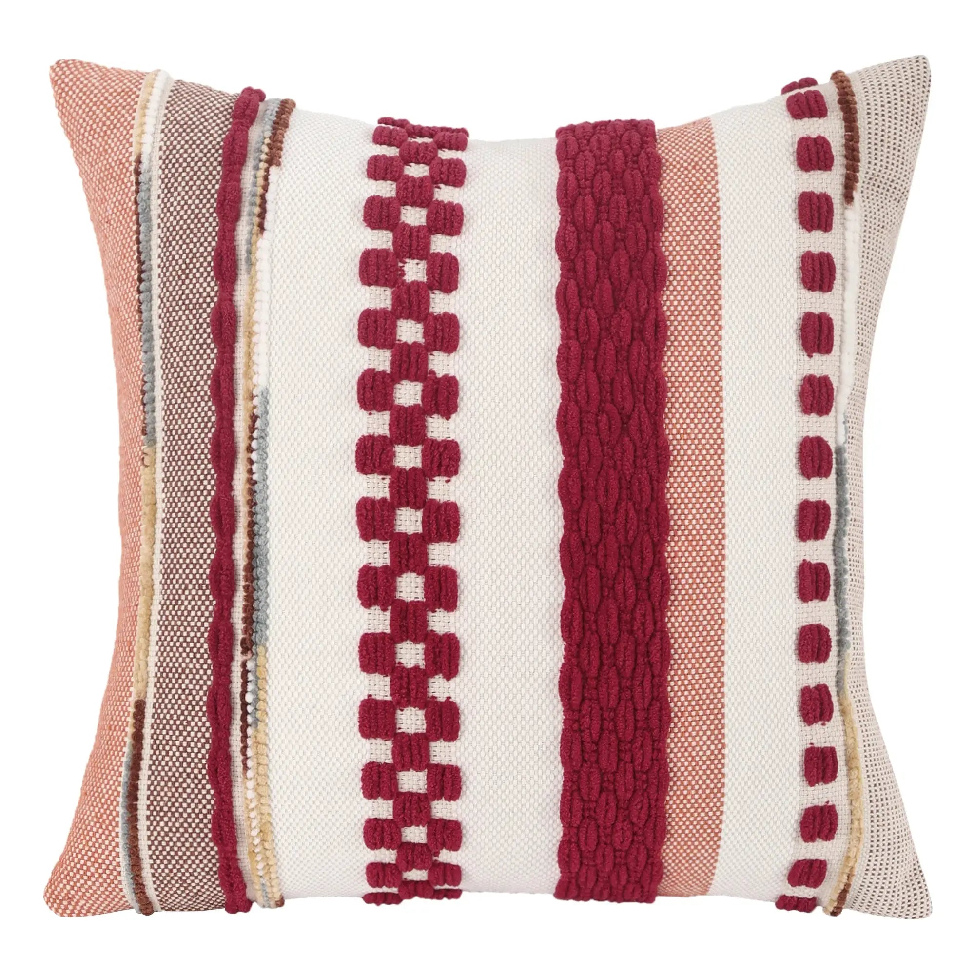 Simples Market Boho throw pillow cover 18x18 with striped chenille texture in cream, beige and maroon