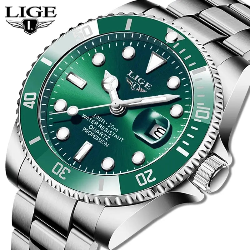 LIGE Luxury Fashion Diver Watch For Men 30ATM Waterproof Quartz Date Stainless Steel Wristwatch