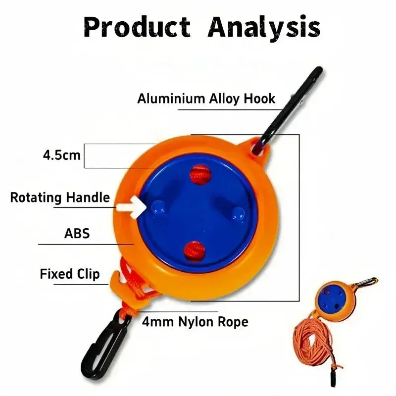 Simples Market retractable clothesline reel with 10m 4mm nylon rope, orange outer housing and blue inner disk