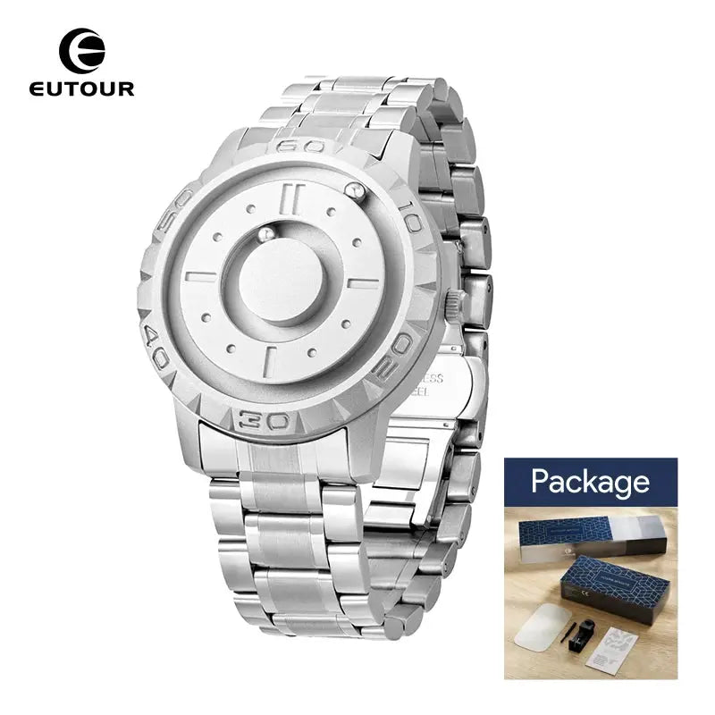 EUTOUR stainless steel men's watch with black dial and metal bracelet
