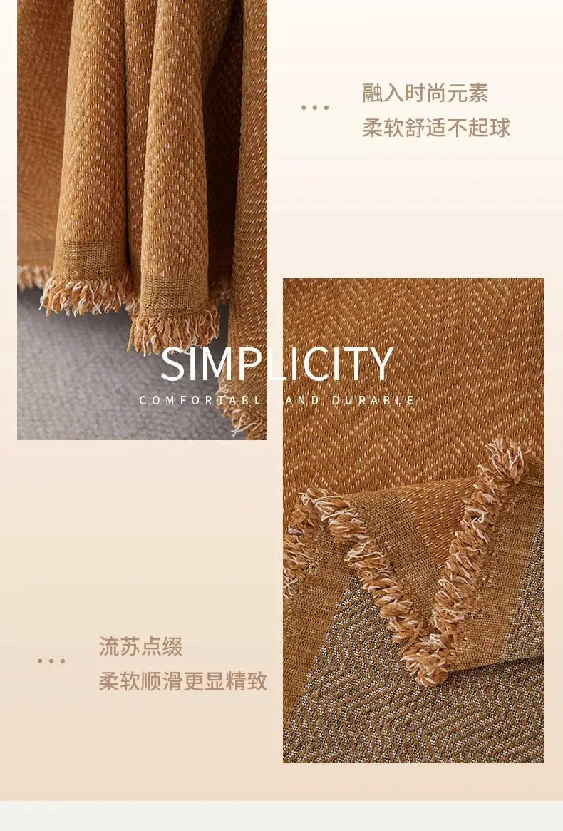 Couch cover from Simples Market in warm brown chenille with fringe and herringbone texture.