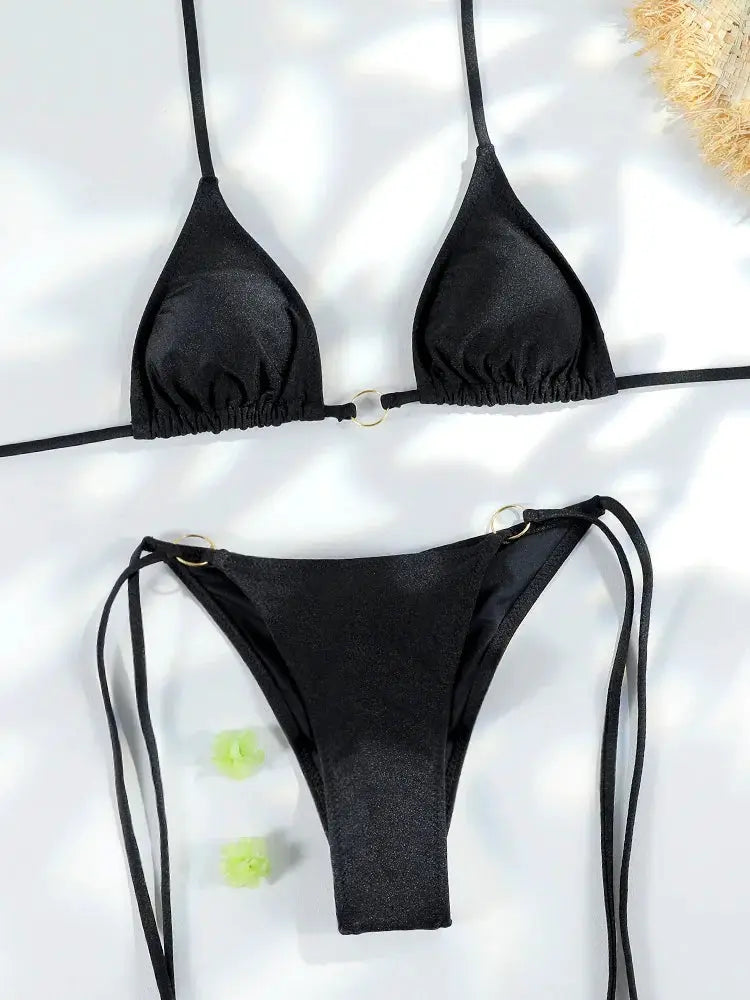 Simples Market black triangle bikini set with gold rings, string-tie sides and sparkly fabric